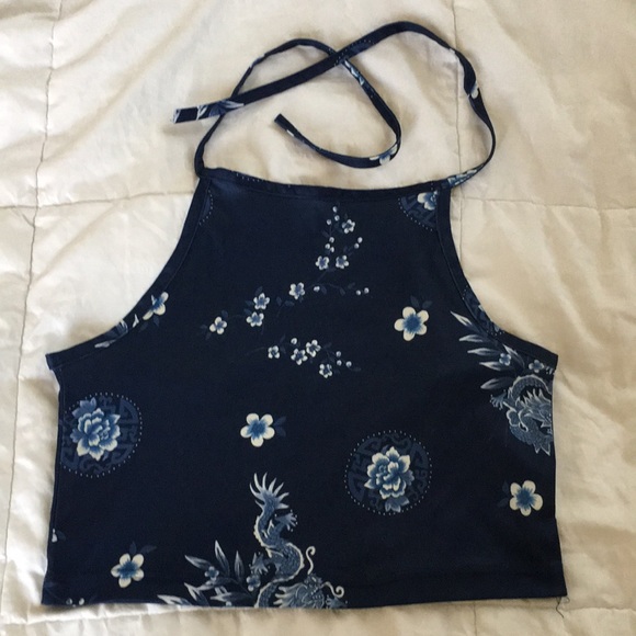 Tops - Self tie floral print navy blue halter top